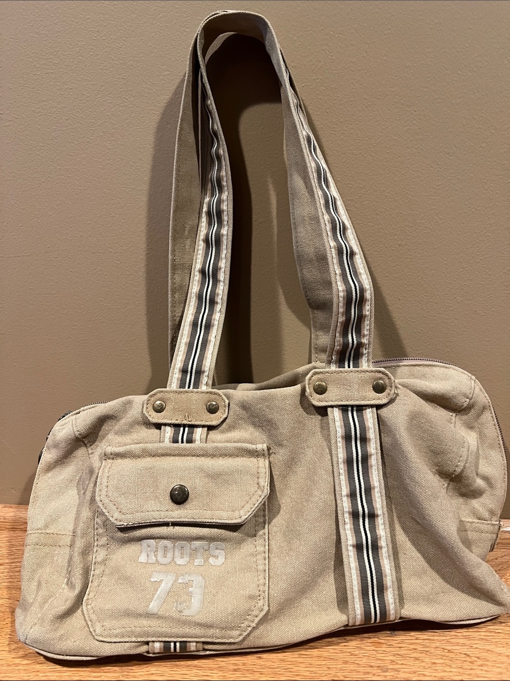 Roots Khaki Canvas Messenger Bag with Striped Handles